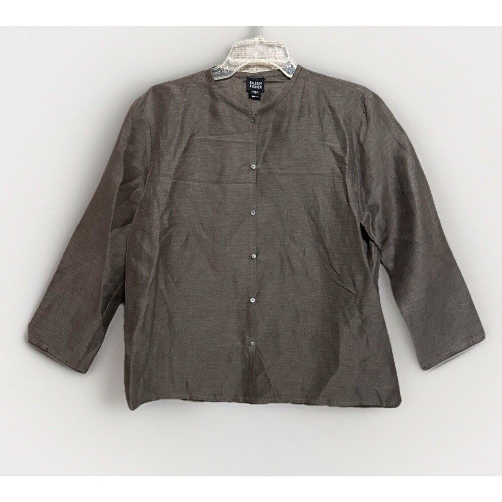 Eileen Fisher Linen Silk Top Taupe Brown Blouse Sz M Mandarin Collar Minimalist